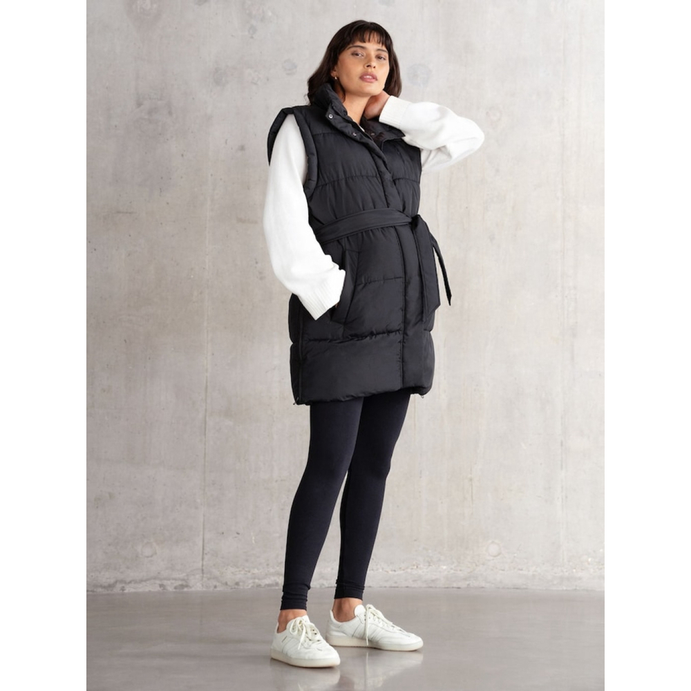 SERAPHINE Maternity Puffer Vest Black – Belted Fit, Side Zips, Warm Lightweight